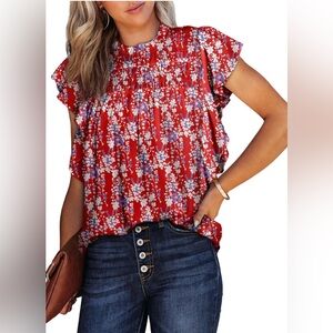 Red Floral Smocked Neck Short Sleeve Blouse